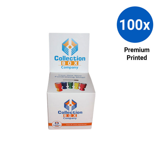 100x Flat Folding Cardboard Collection Box 110mm x 110mm x 110mm with Header - Premium Printed